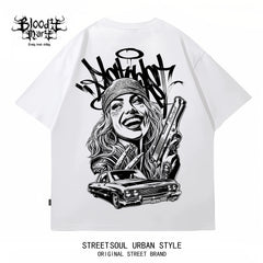 American street dark style printed short sleeved T-shirt for men and women loose couple outfit trendy high street style top