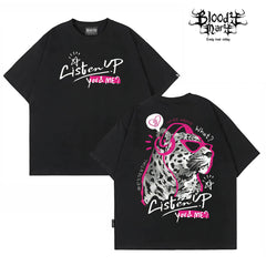 China-Chic style American printed short sleeve T-shirt for men and women loose street trend summer new black T-shirt leopard print