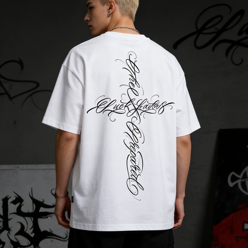 American street flower font short sleeved loose cotton heavyweight niche hip-hop fashion brand tattoo artist T-shirt abstract trend