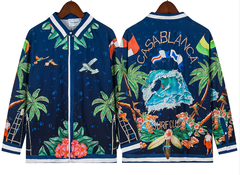 Casablanca Tropical Palm & Wave Silk-Style Shirt - Navy