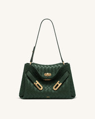 Rhea Woven Texture Double Buckle Shoulder Bag - Teal