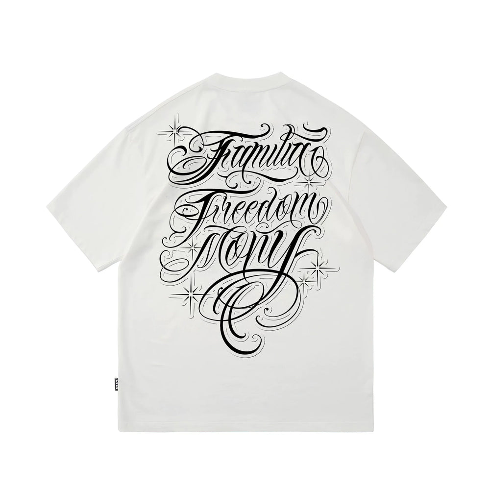 Floral font short sleeved T-shirt, American Chicano fashion brand, loose round neck, street dance, skateboarding, hip-hop tattoo artist design