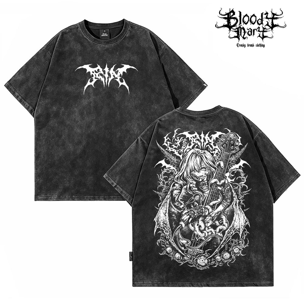 Dark style worn short sleeved T-shirts for men and women anime Abi cartoon printing loose street retro rock top