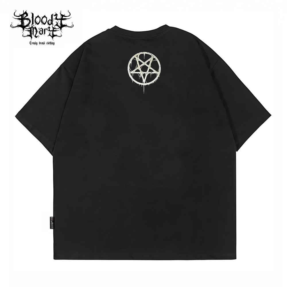 Original trendy retro rock style skull print short sleeved T-shirt black rock band top unisex