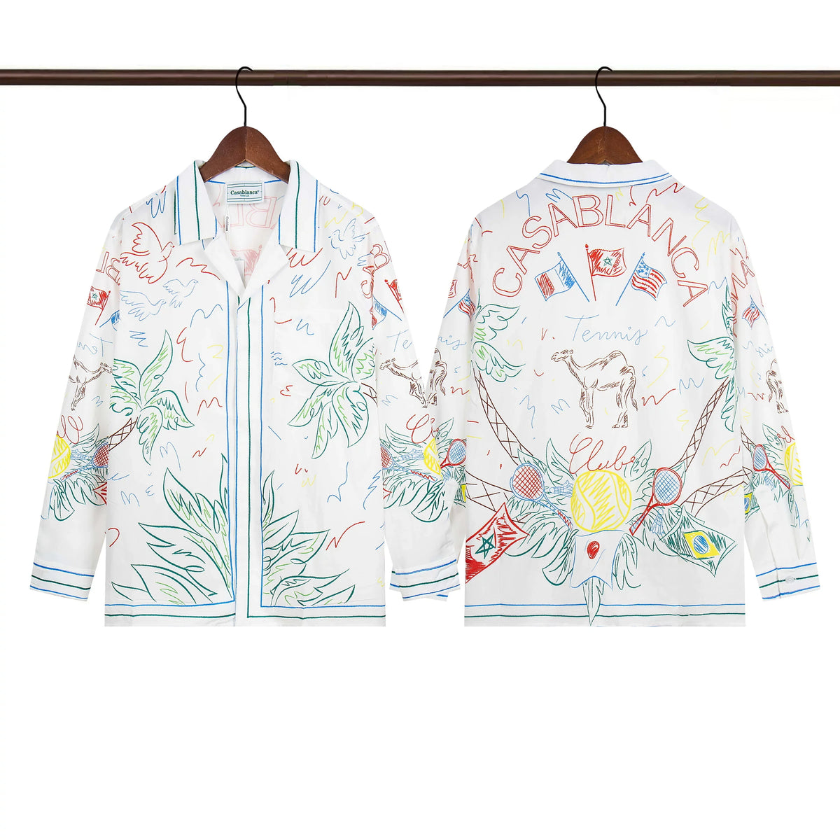 Casablanca Sketch Palm & Crest Silk-Style Shirt - White