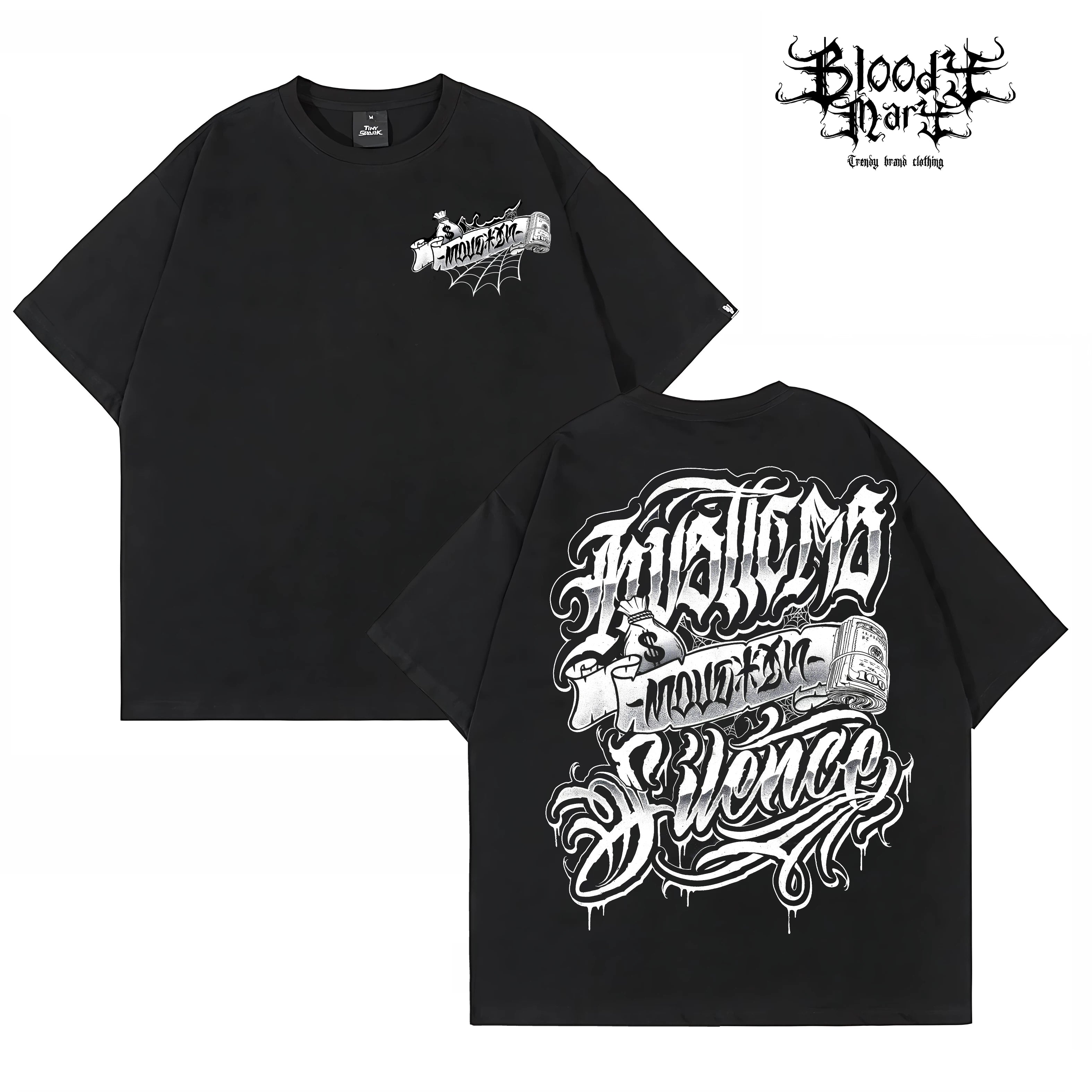 American Street Retro USD Banknote Flower Font Loose Cotton Heavy Weight Niche Hip Hop Tattoo Artist Trendy Brand T-shirt