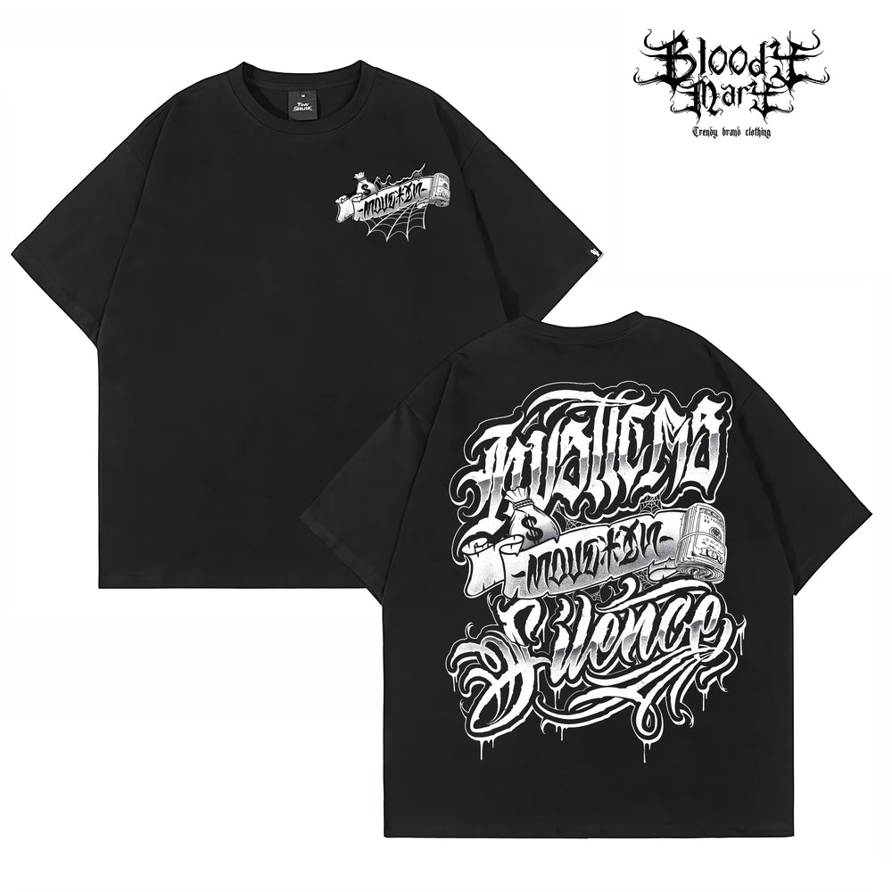 American Street Retro USD Banknote Flower Font Loose Cotton Heavy Weight Niche Hip Hop Tattoo Artist Trendy Brand T-shirt