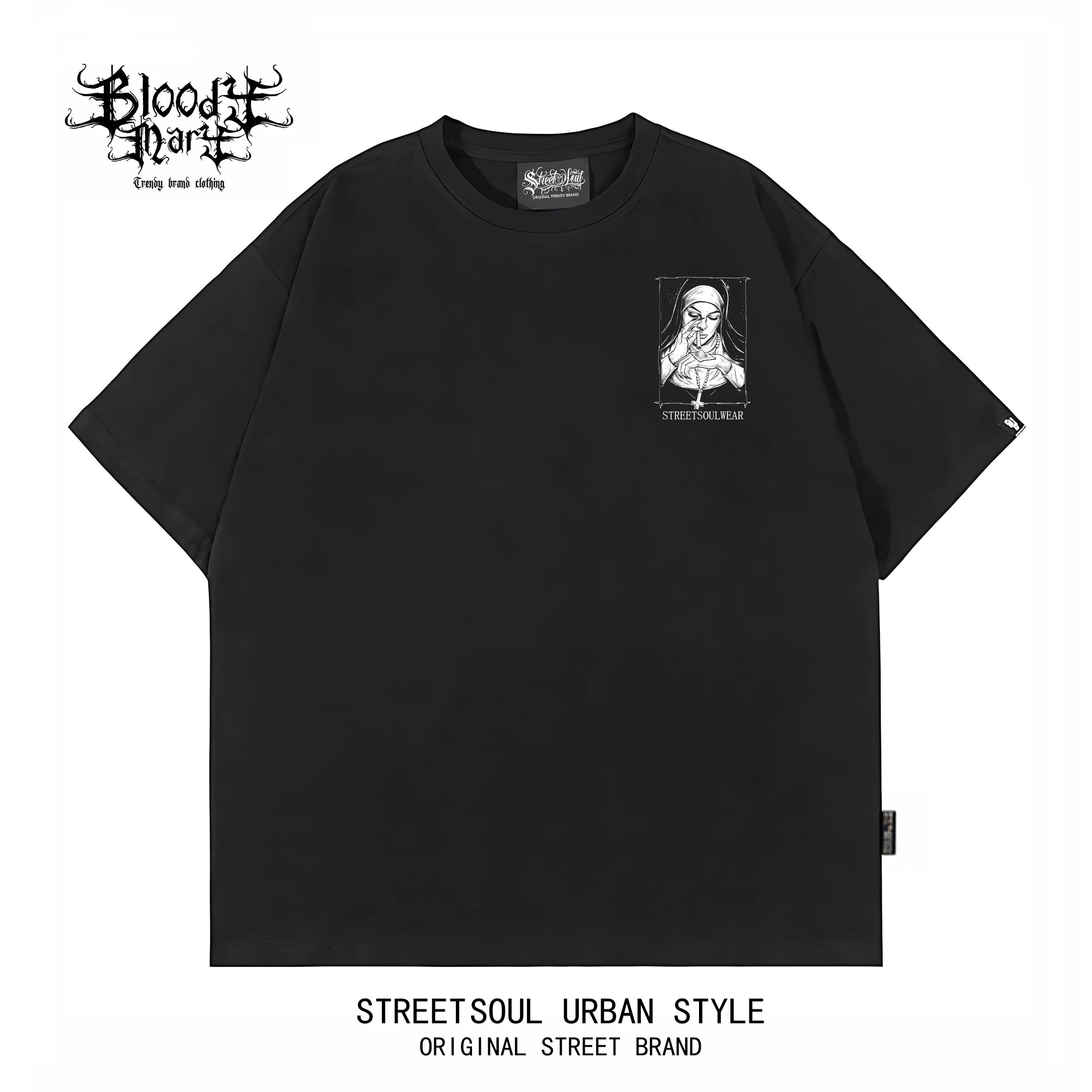 Trendy American retro dark style nun print short sleeved T-shirt for men and women, loose and heavyweight pure cotton high street style top