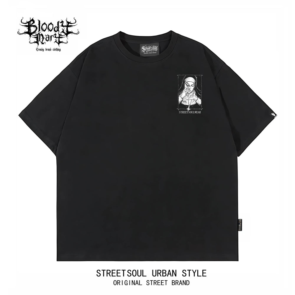 Trendy American retro dark style nun print short sleeved T-shirt for men and women, loose and heavyweight pure cotton high street style top