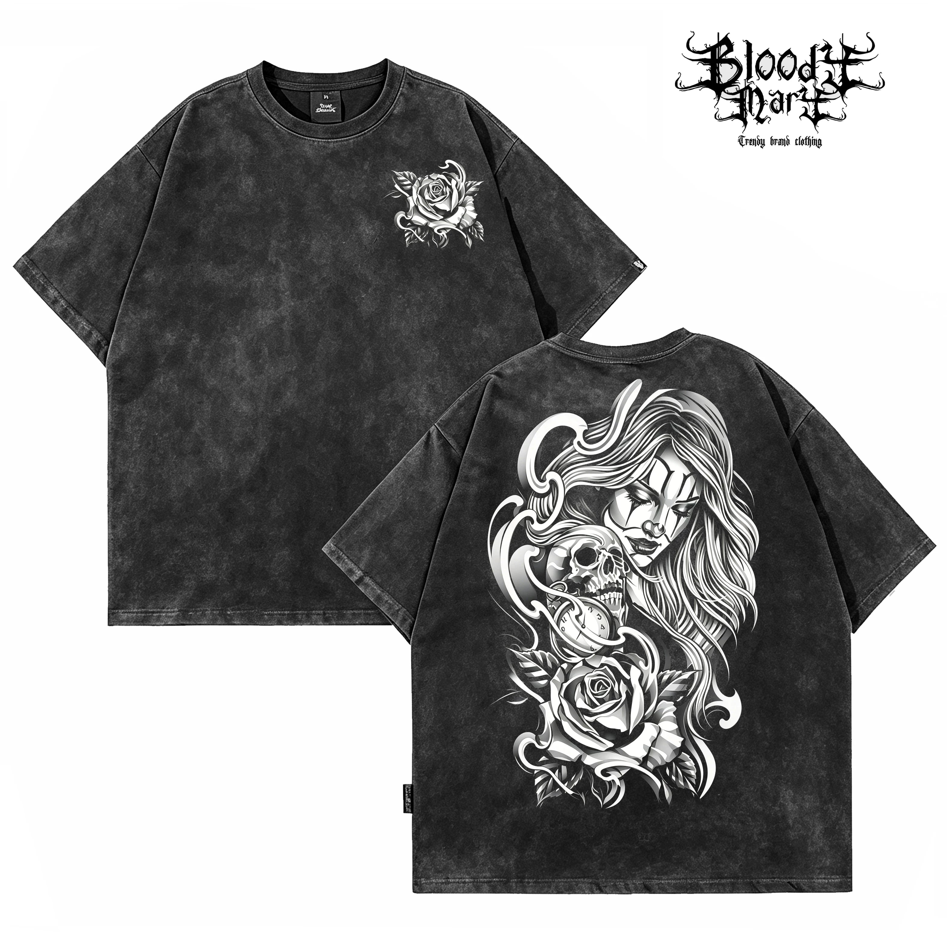American hip-hop West Coast Chicano skeleton rose print short sleeved T-shirt men's loose dark trend brand top