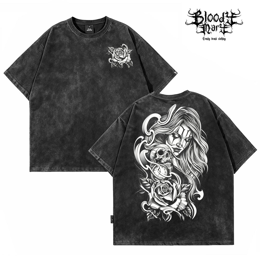 American hip-hop West Coast Chicano skeleton rose print short sleeved T-shirt men's loose dark trend brand top