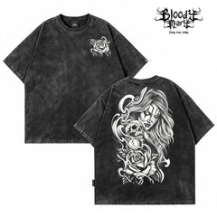 American hip-hop West Coast Chicano skeleton rose print short sleeved T-shirt men's loose dark trend brand top