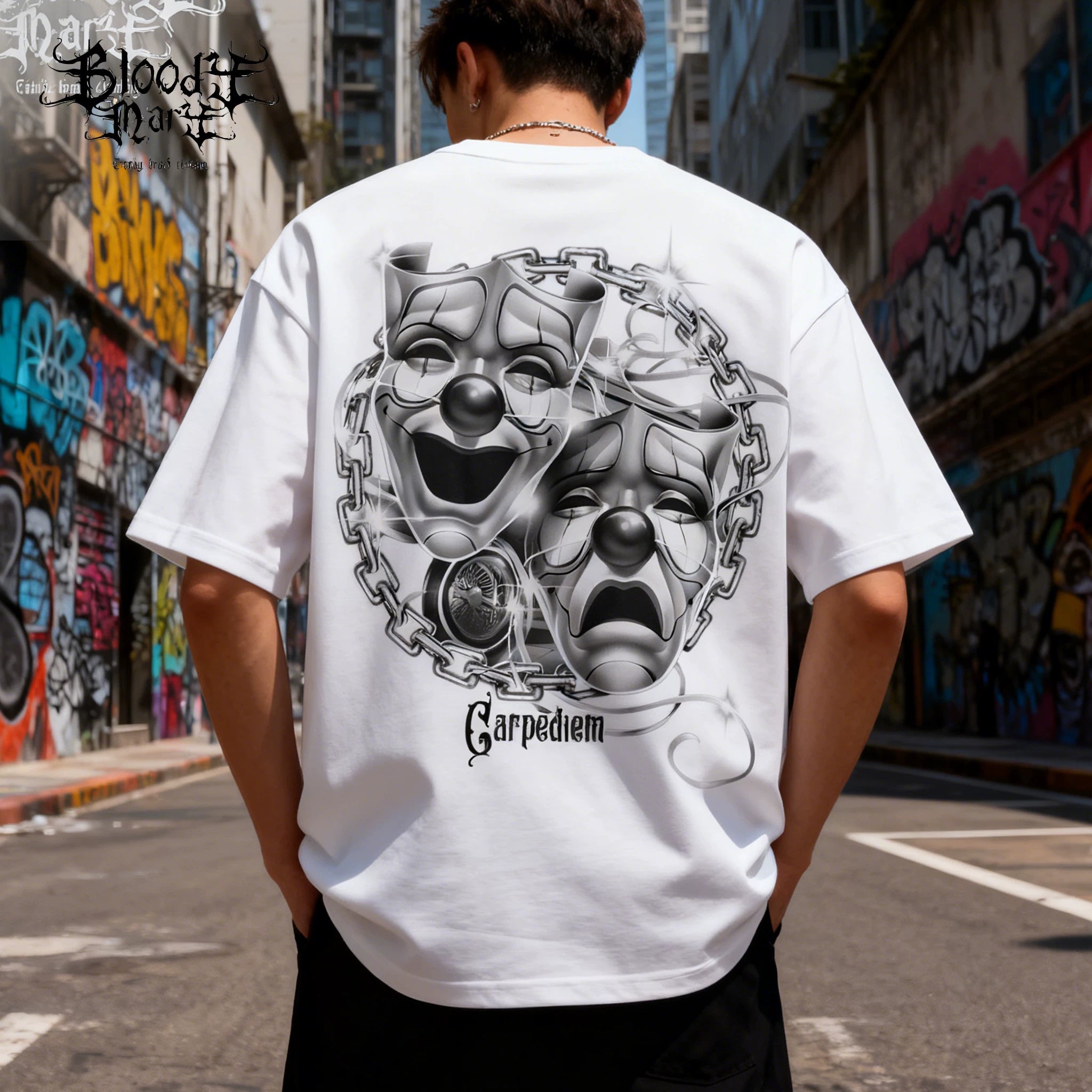 Trendy American Street Chicano Flower Font Short Sleeve Loose Cotton Heavy Weight Clown Hip Hop Tattoo Artist T-shirt Crowd