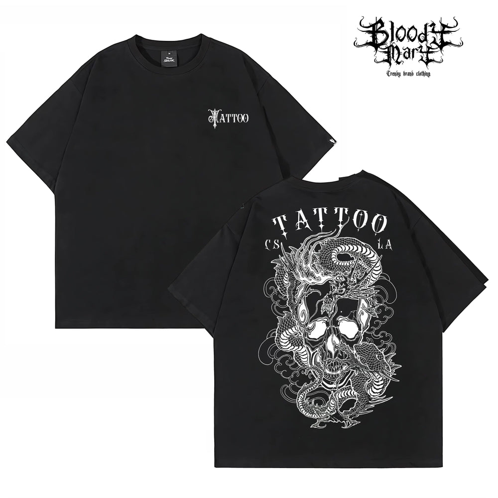 American traditional dragon street flower font short sleeved loose cotton heavyweight niche hip-hop tattoo artist trendy T-shirt