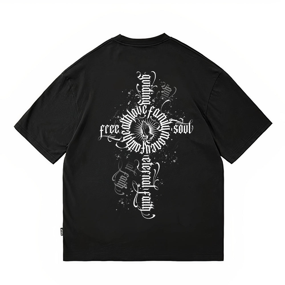 Trendy cross, floral characters, hip-hop, American West Coast prayer hand T-shirt, street dance tattoo artist, gang heavyweight