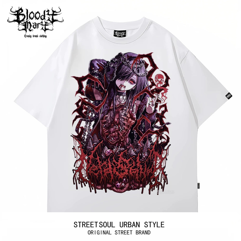 American Hip Hop Abby anime Black Short Sleeve T-shirt Men's and Women's Loose Printed Cotton Rock Personality Top