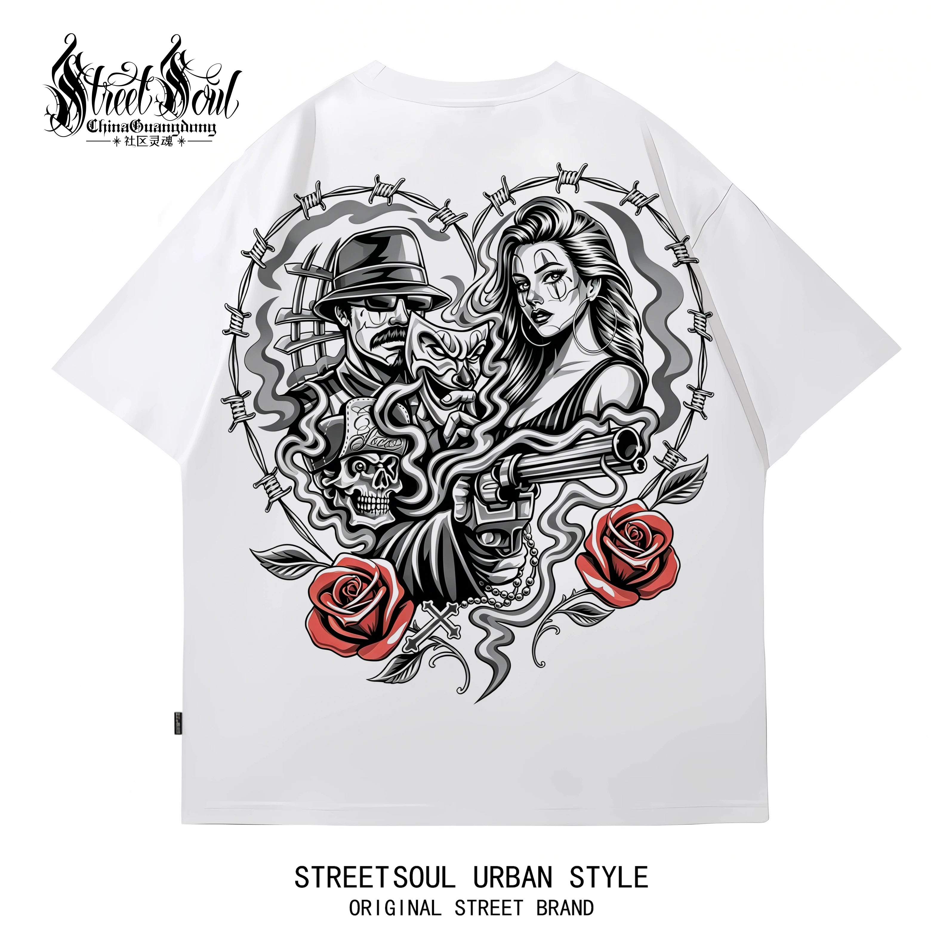 American Fashion Brand Chicano China-Chic Rose Printed Short Sleeve T-shirt Men's Black Round Neck Loose Cotton Rock Style