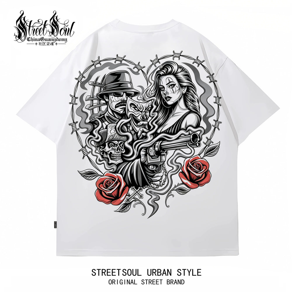 American Fashion Brand Chicano China-Chic Rose Printed Short Sleeve T-shirt Men's Black Round Neck Loose Cotton Rock Style