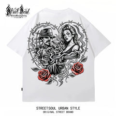 American Fashion Brand Chicano China-Chic Rose Printed Short Sleeve T-shirt Men's Black Round Neck Loose Cotton Rock Style