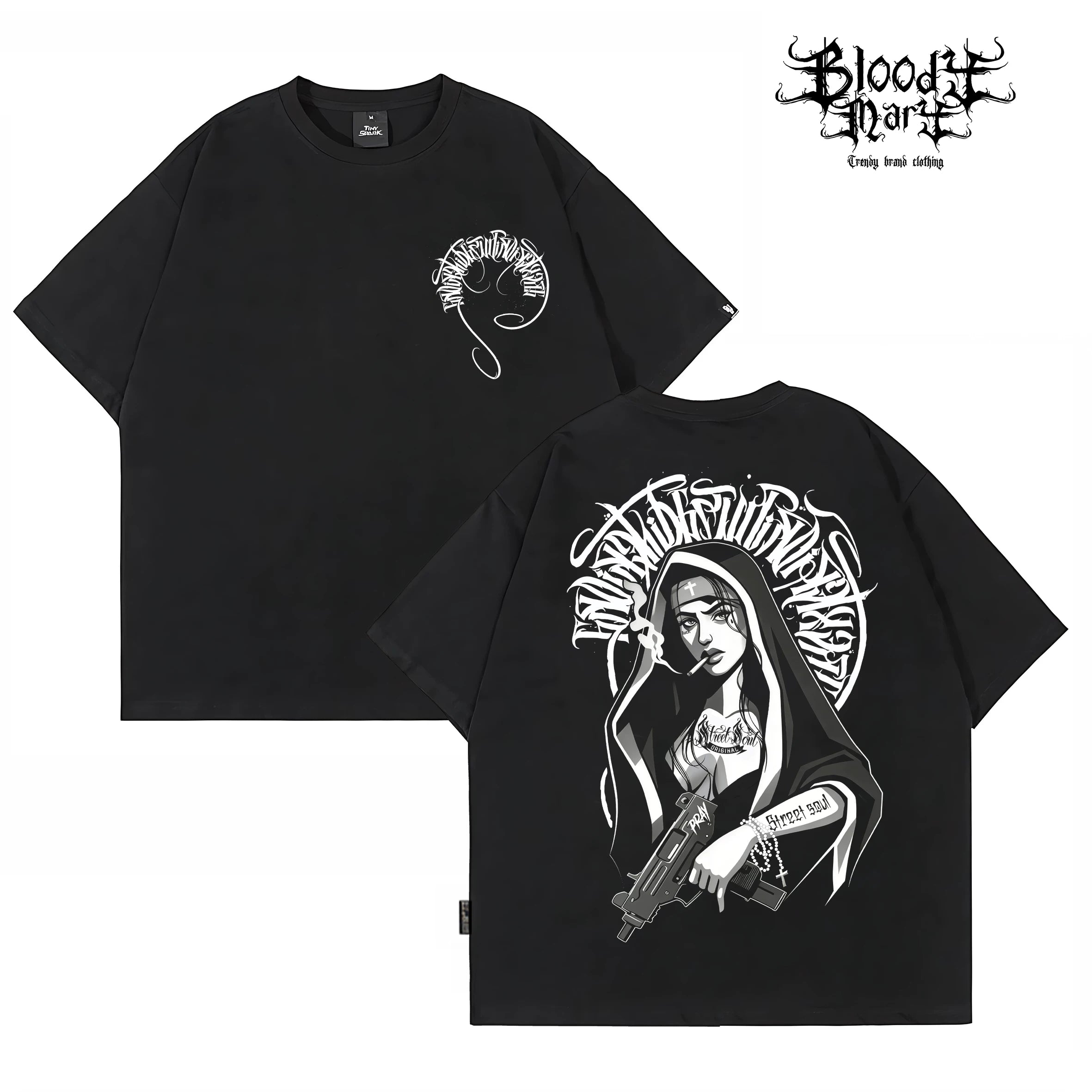 Trendy American Hip Hop Flower Font Black Short Sleeve T-shirt Loose Cotton Heavy Print Top Street West Coast
