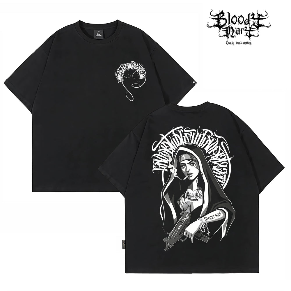 Trendy American Hip Hop Flower Font Black Short Sleeve T-shirt Loose Cotton Heavy Print Top Street West Coast