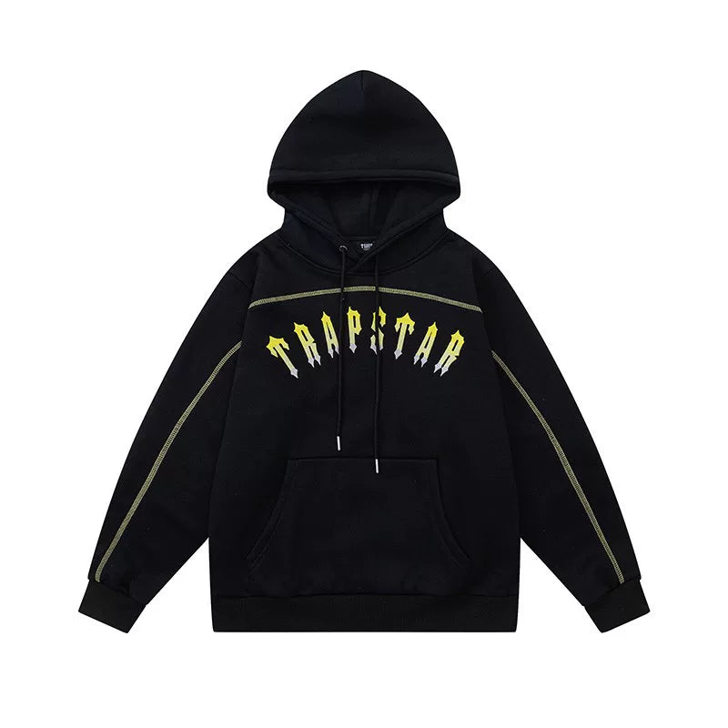 Trapstar Style Autumn/Winter Contrast Stitching Logo Hoodie - Black/Yellow