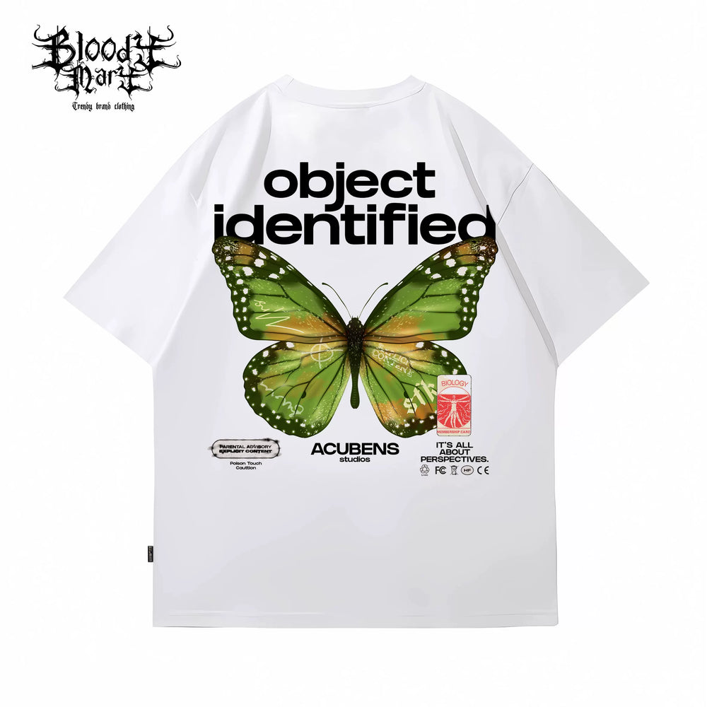 Trendy streetwear hip-hop ins style American heavyweight men and women butterfly letter print versatile loose short sleeved T-shirt white