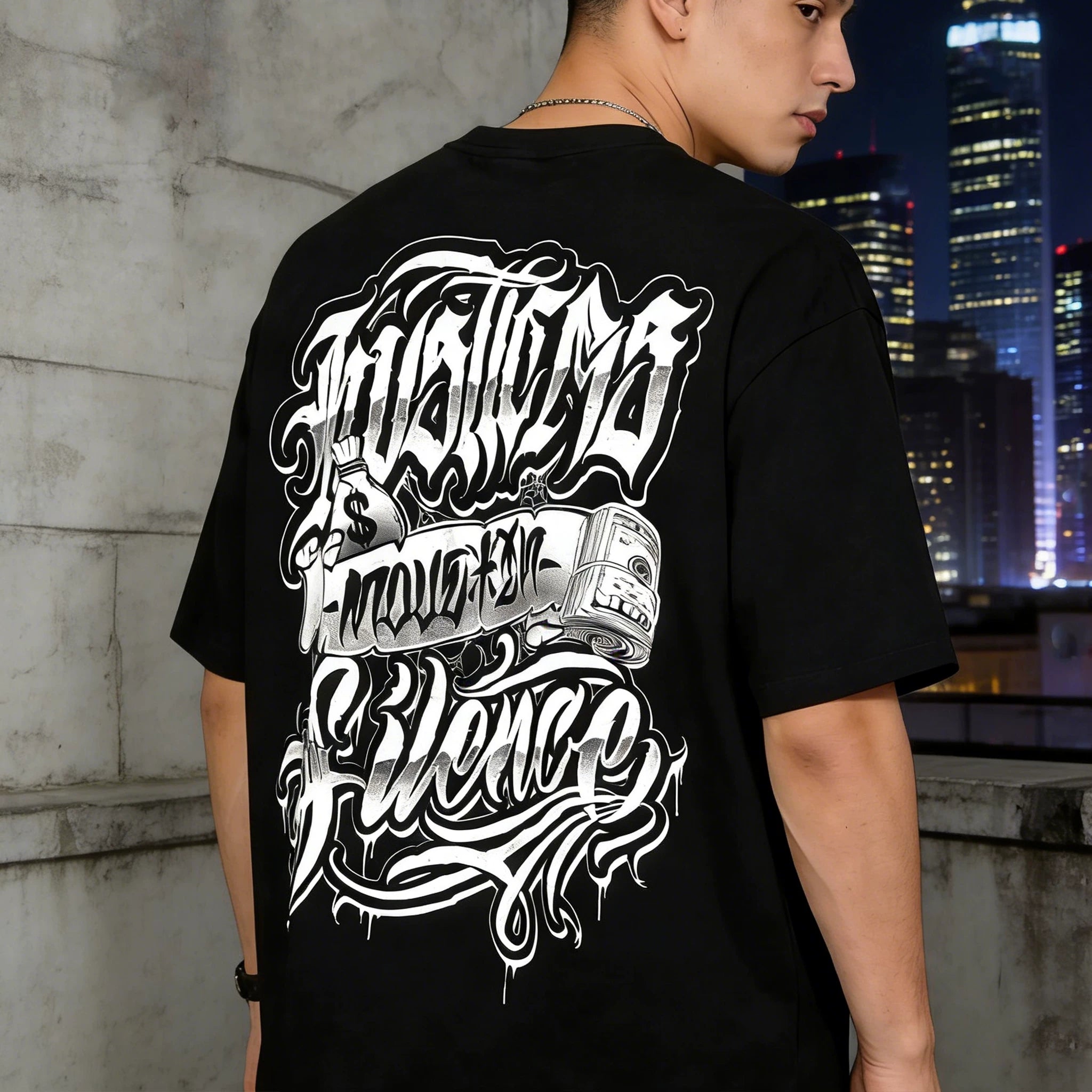 American Street Retro USD Banknote Flower Font Loose Cotton Heavy Weight Niche Hip Hop Tattoo Artist Trendy Brand T-shirt