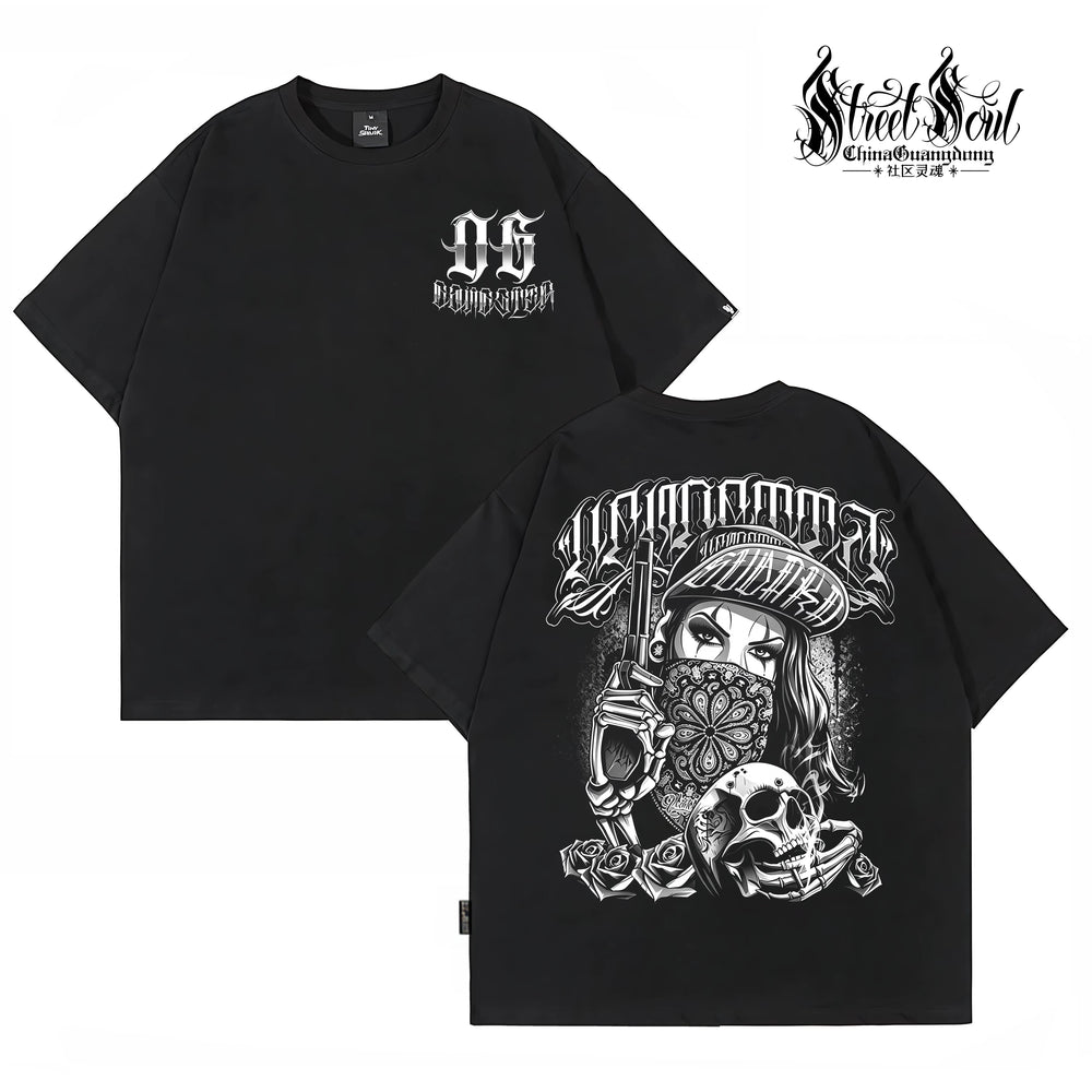 Trendy American West Coast Hip Hop Street Style Short Sleeve T-shirt for Men, Loose and Heavy Weight, Pure Cotton Skeleton, Pure Cotton Tattoo Artist