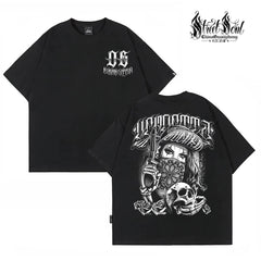 Trendy American West Coast Hip Hop Street Style Short Sleeve T-shirt for Men, Loose and Heavy Weight, Pure Cotton Skeleton, Pure Cotton Tattoo Artist