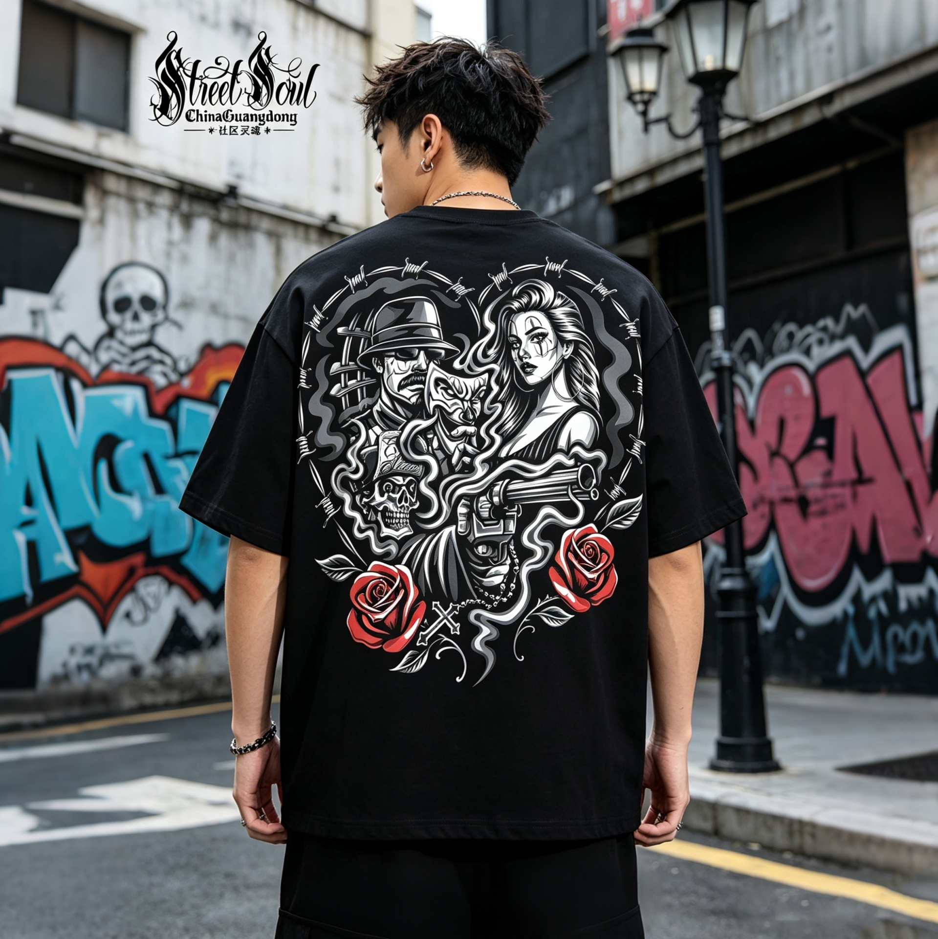 American Fashion Brand Chicano China-Chic Rose Printed Short Sleeve T-shirt Men's Black Round Neck Loose Cotton Rock Style