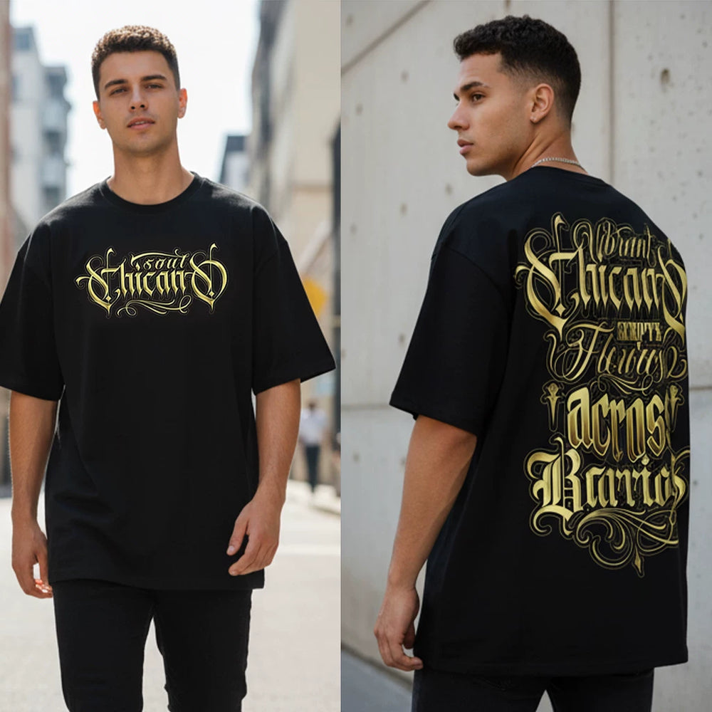 American street retro floral font short sleeved loose cotton heavyweight niche hip-hop tattoo artist trendy T-shirt