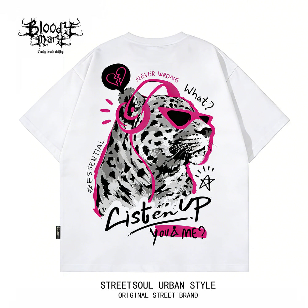 China-Chic style American printed short sleeve T-shirt for men and women loose street trend summer new black T-shirt leopard print