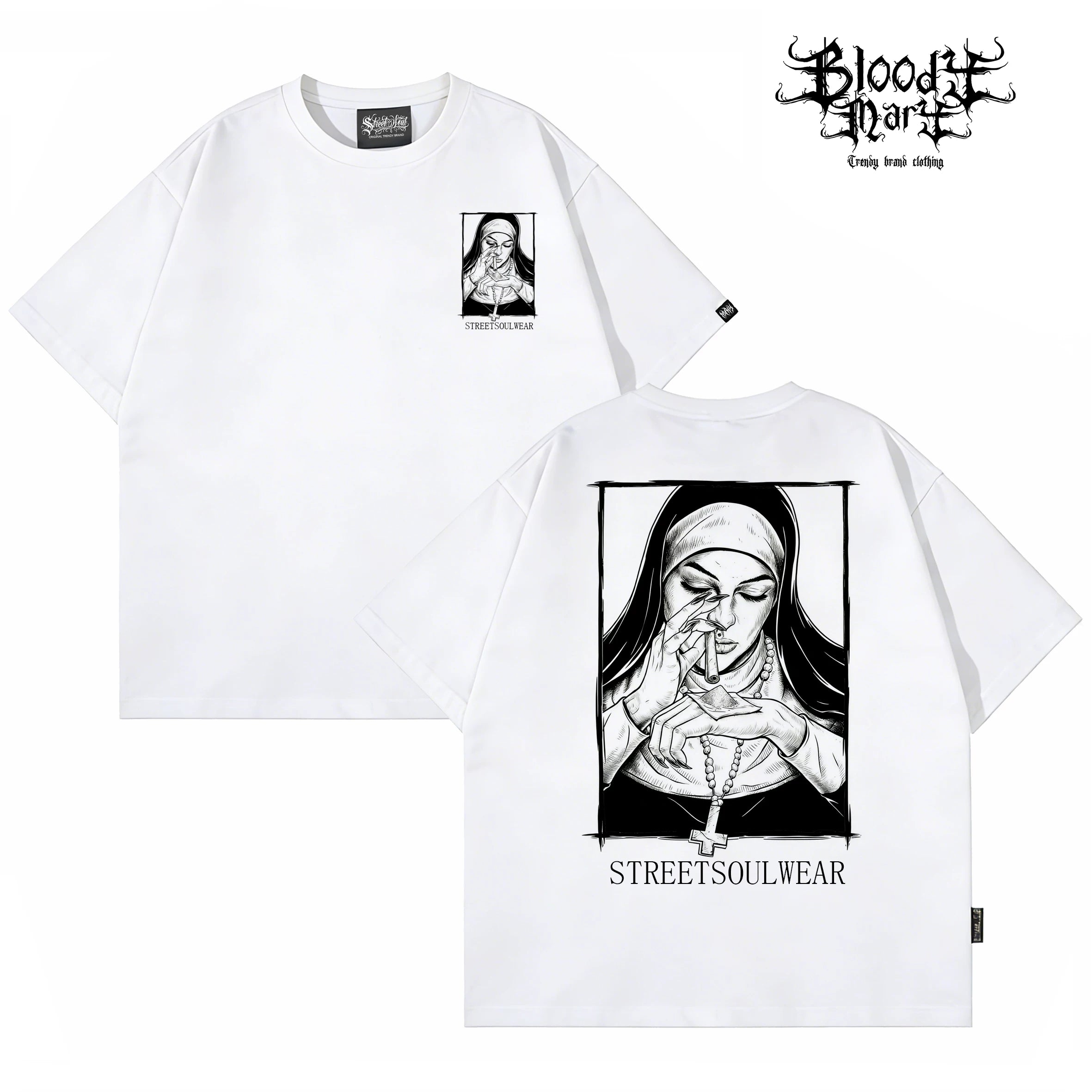 Trendy American retro dark style nun print short sleeved T-shirt for men and women, loose and heavyweight pure cotton high street style top