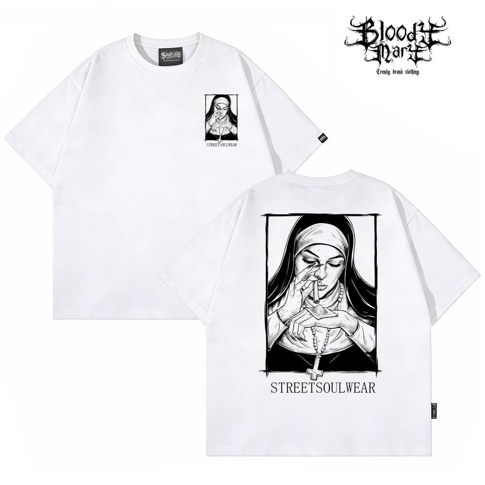 Trendy American retro dark style nun print short sleeved T-shirt for men and women, loose and heavyweight pure cotton high street style top