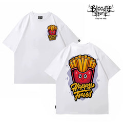 Trendy brand french fries printed pure cotton loose T-shirt American niche ins style versatile men and women's casual trend short sleeved 2025