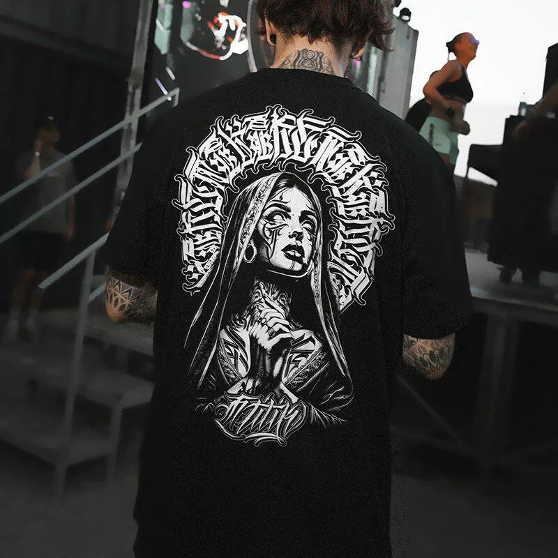 Trendy Tattoo Artist Manga Tattoo West Coast Street Dance Chicano Flower Font Cartoon American Pure Cotton Heavy Weight T-shirt