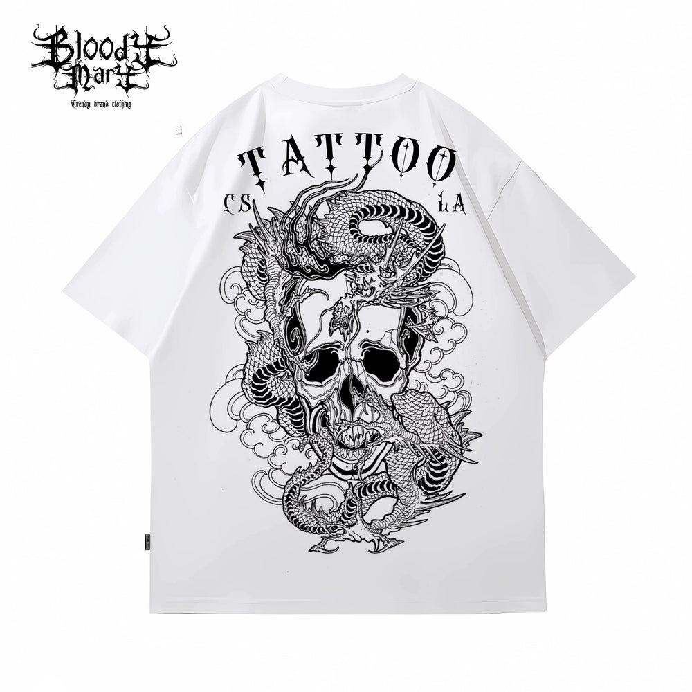 American traditional dragon street flower font short sleeved loose cotton heavyweight niche hip-hop tattoo artist trendy T-shirt
