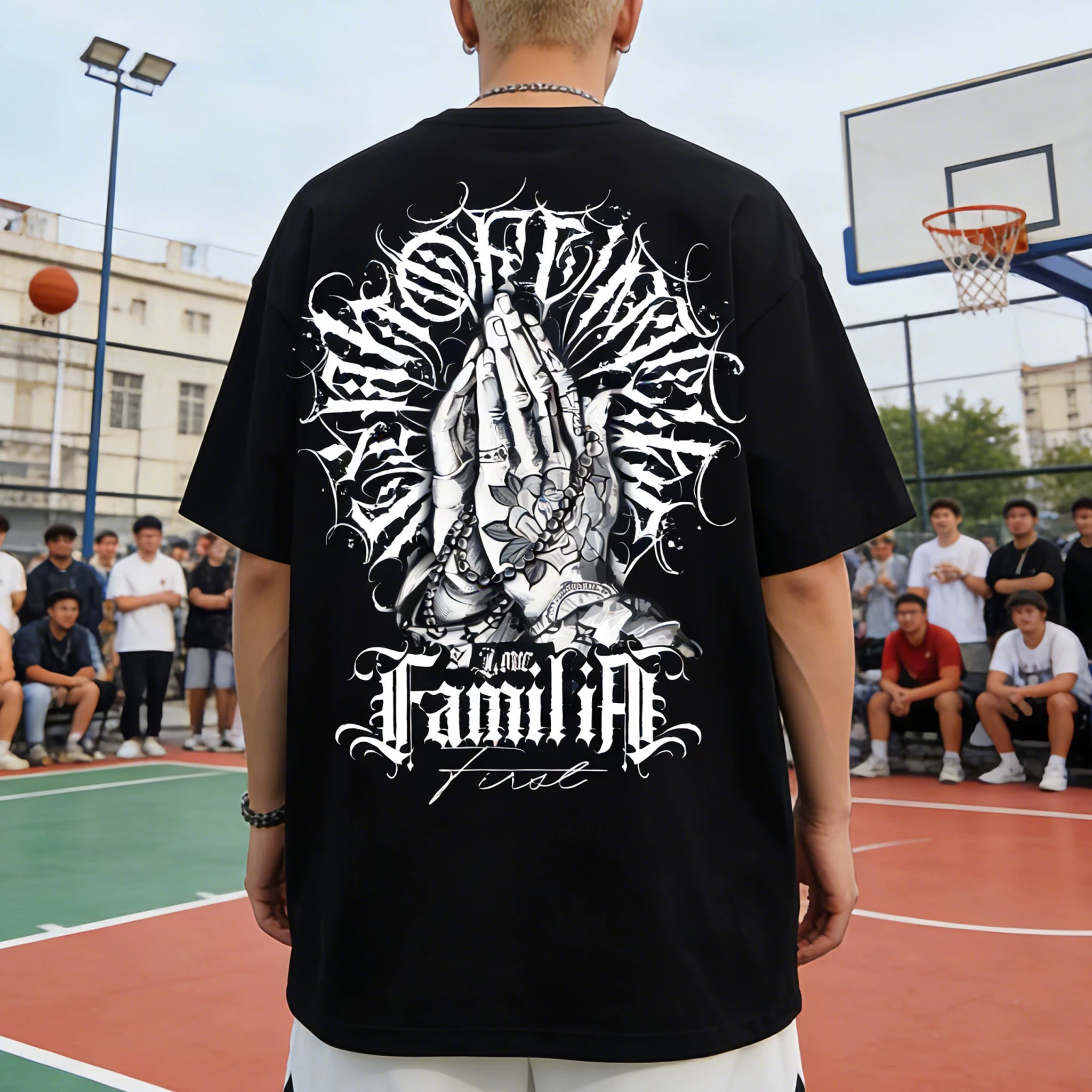 Original trendy brand American street flower font short sleeved men's and women's loose cotton heavyweight niche hip-hop T-shirt dark
