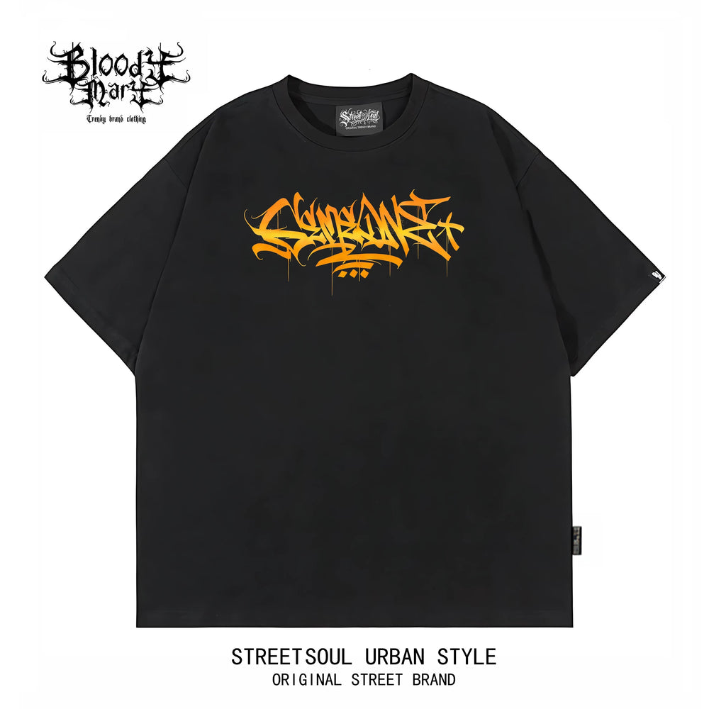 Trendy brand American floral font hip-hop West Coast short sleeved T-shirt men's loose street trendy brand tattoo artist heavyweight pure cotton