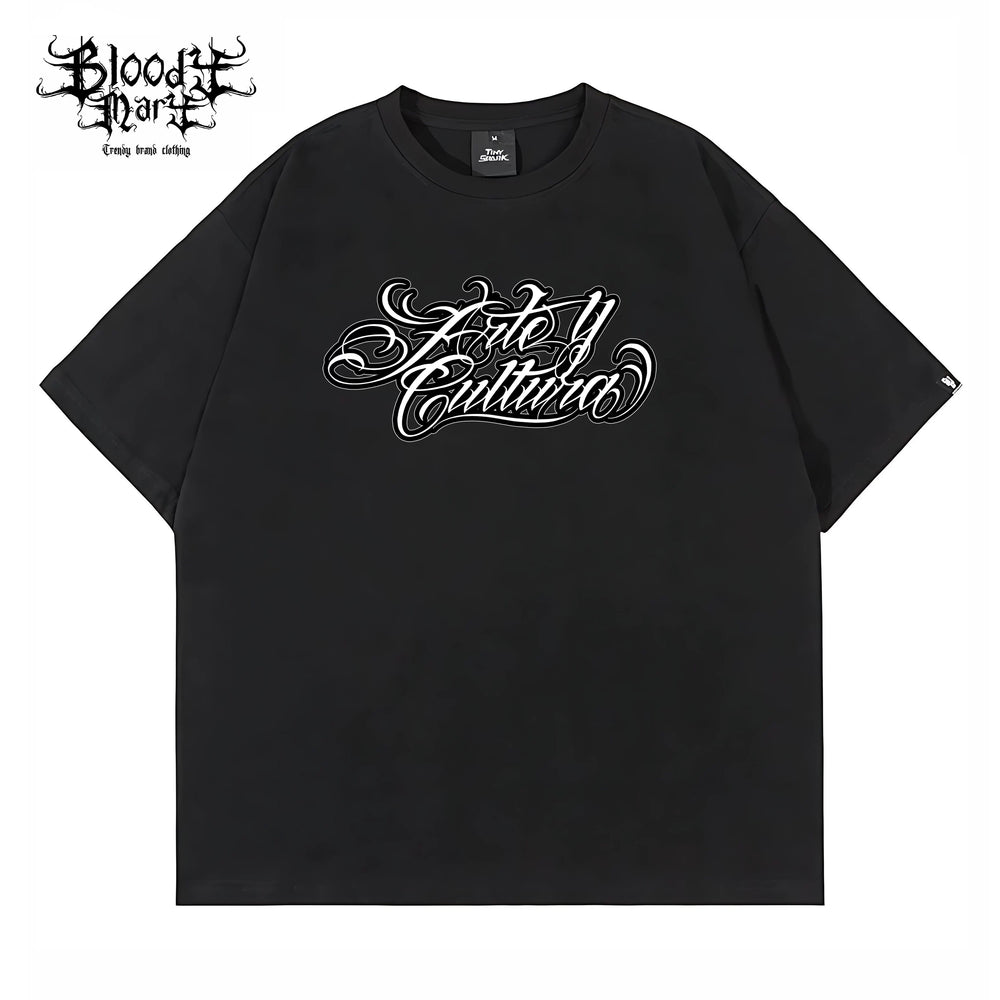 Trendy American street flower font short sleeved loose cotton heavyweight niche hip-hop tattoo artist skeleton T-shirt