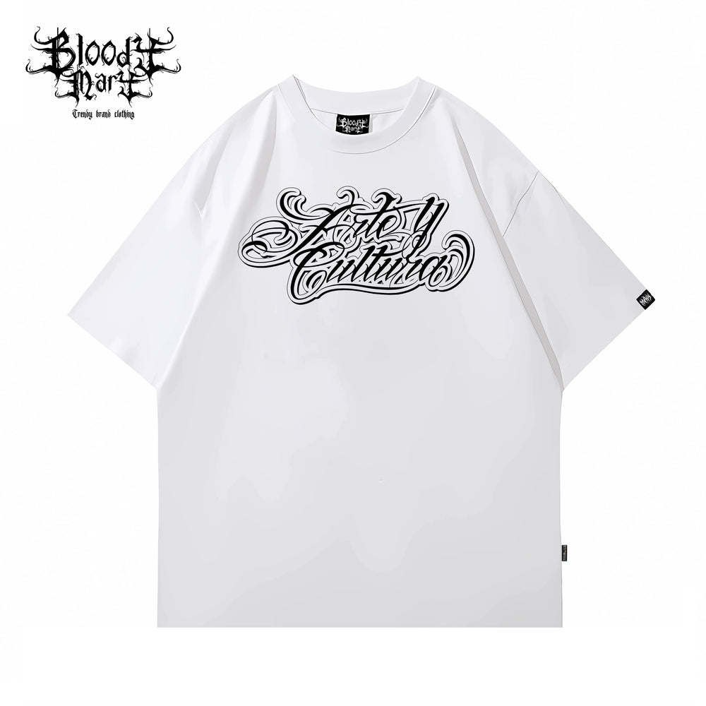 Trendy American street flower font short sleeved loose cotton heavyweight niche hip-hop tattoo artist skeleton T-shirt