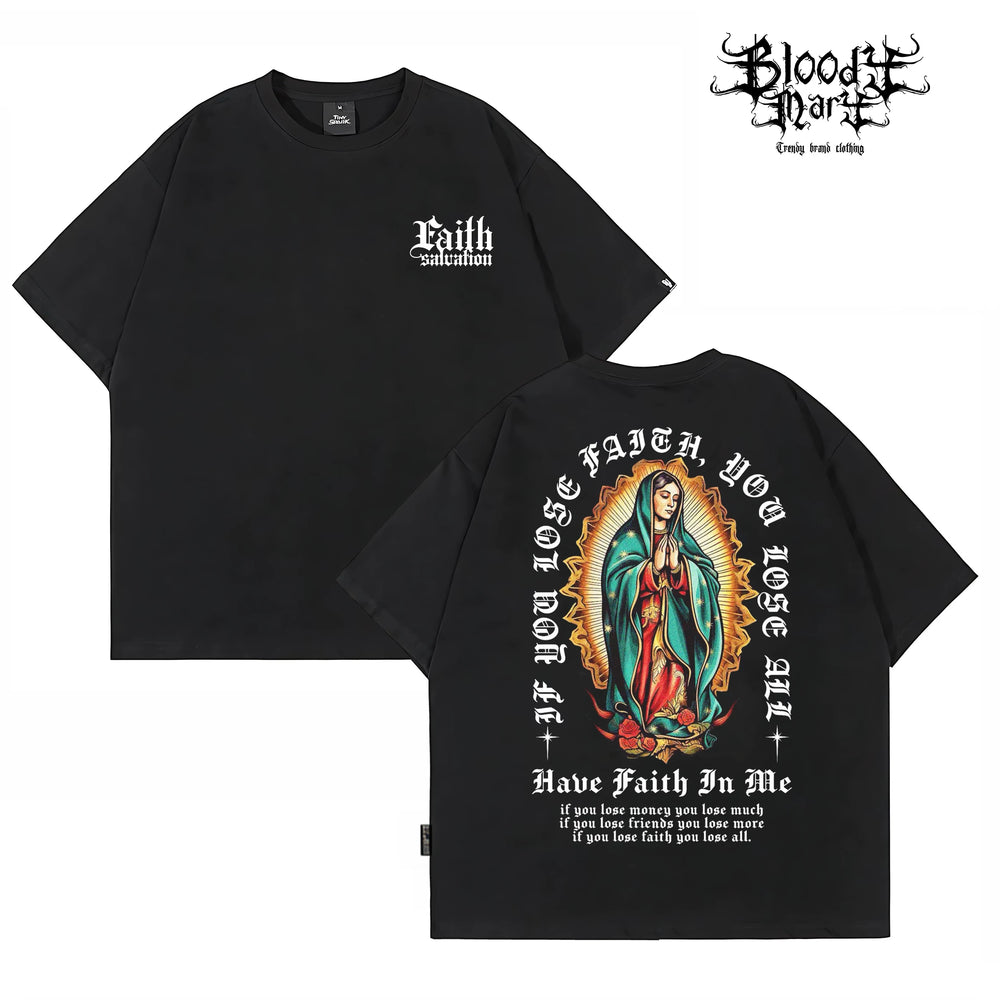 Original Trendy American West Coast Chicano Flower Font Street Head Wind Heavy Cotton Short Sleeve Loose Printed T-shirt