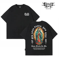 Original Trendy American West Coast Chicano Flower Font Street Head Wind Heavy Cotton Short Sleeve Loose Printed T-shirt