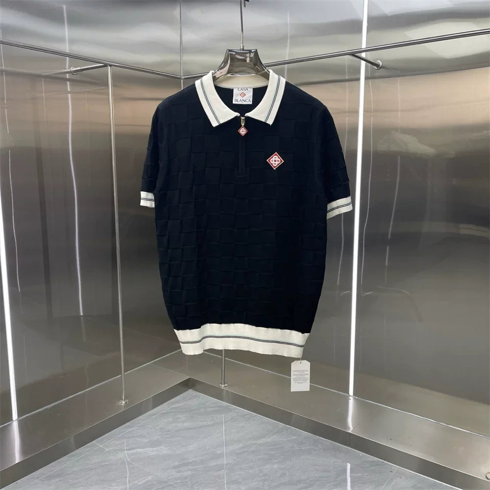 Casablanca Solid Knit Polo Shirt - Navy / White