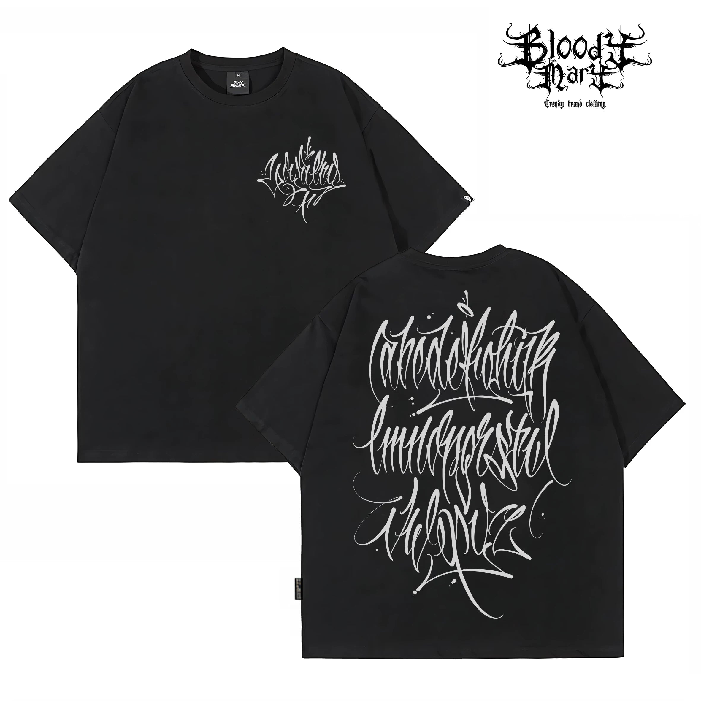 American Trendy Brand Flower Font West Coast Hip Hop Black Short sleeved T-shirt Loose Cotton Heavy duty Letter Printed Trendy Brand