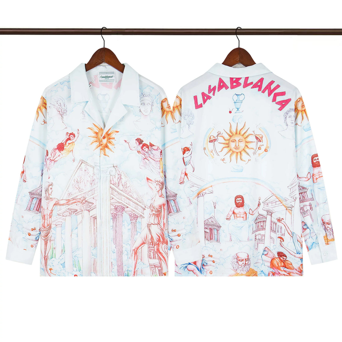 Casablanca Sun & Architectural Line-Art Silk-Style Shirt - White / Red