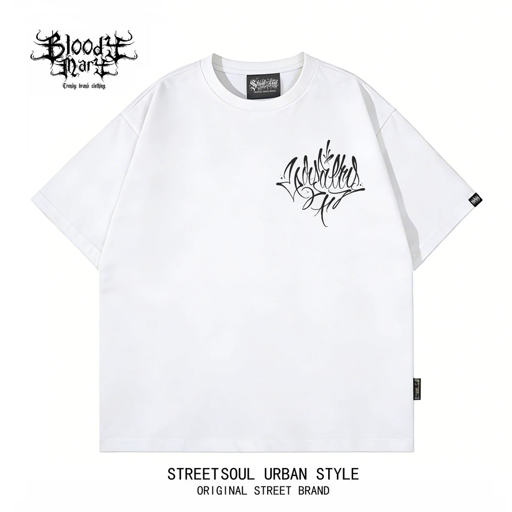 American Trendy Brand Flower Font West Coast Hip Hop Black Short sleeved T-shirt Loose Cotton Heavy duty Letter Printed Trendy Brand