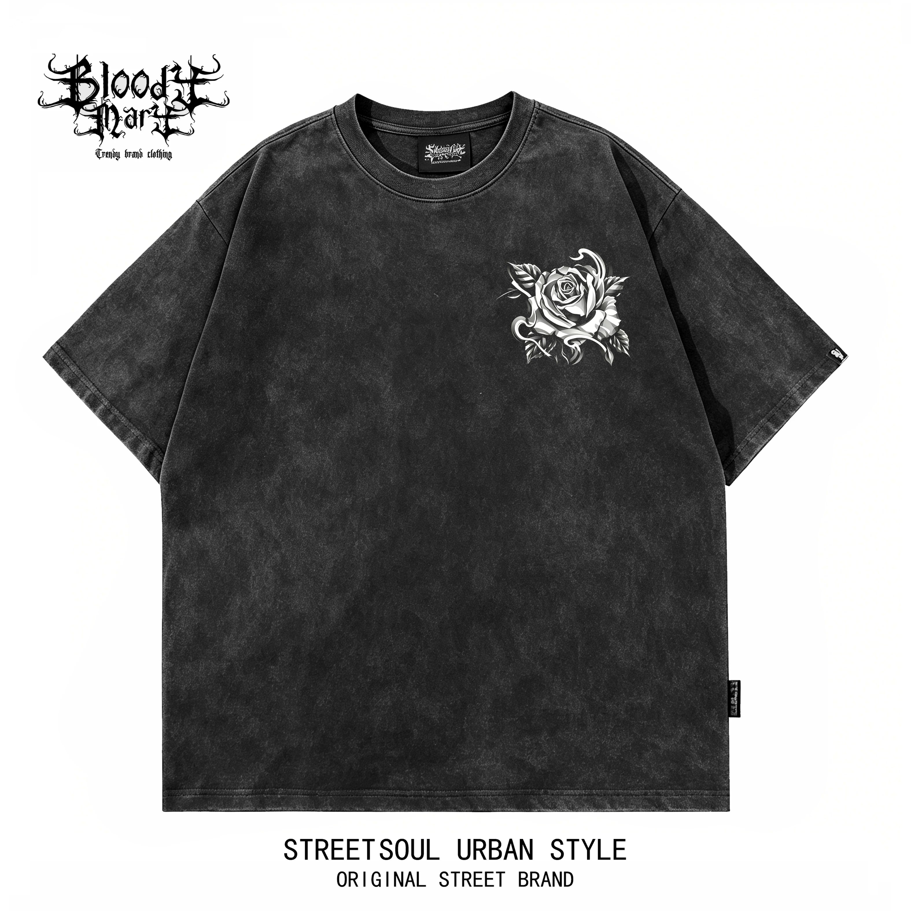 American hip-hop West Coast Chicano skeleton rose print short sleeved T-shirt men's loose dark trend brand top
