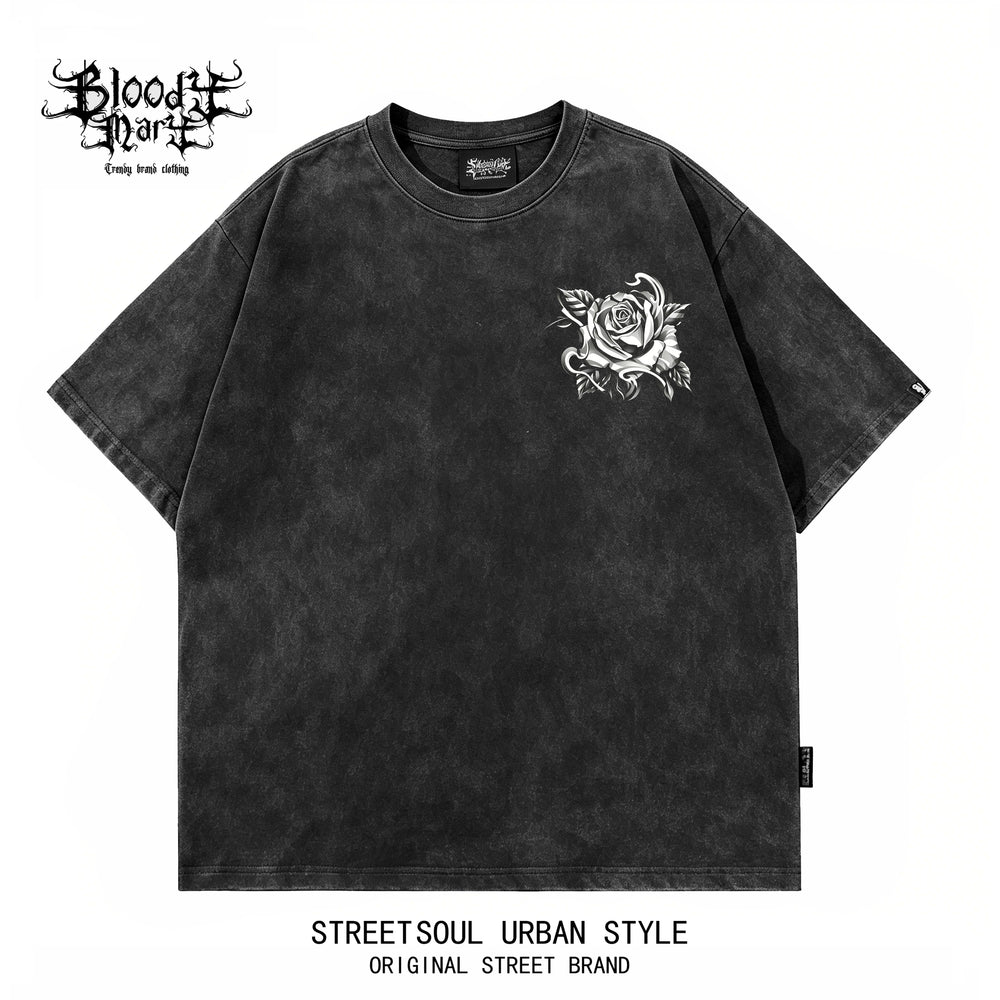 American hip-hop West Coast Chicano skeleton rose print short sleeved T-shirt men's loose dark trend brand top